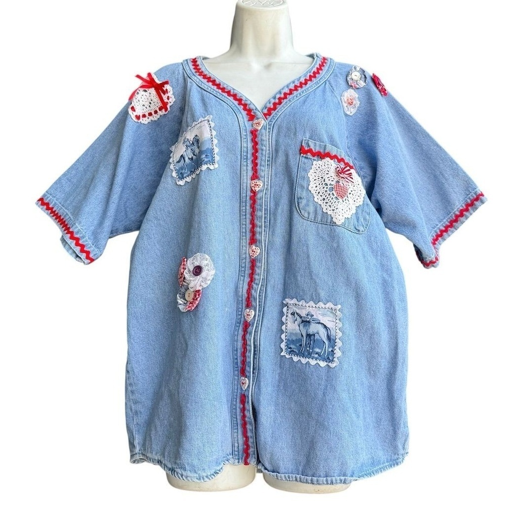 Vintage Sunbelt Denim Cottagecore Shirt Size M Raggedy Ann Applique Blue Retro